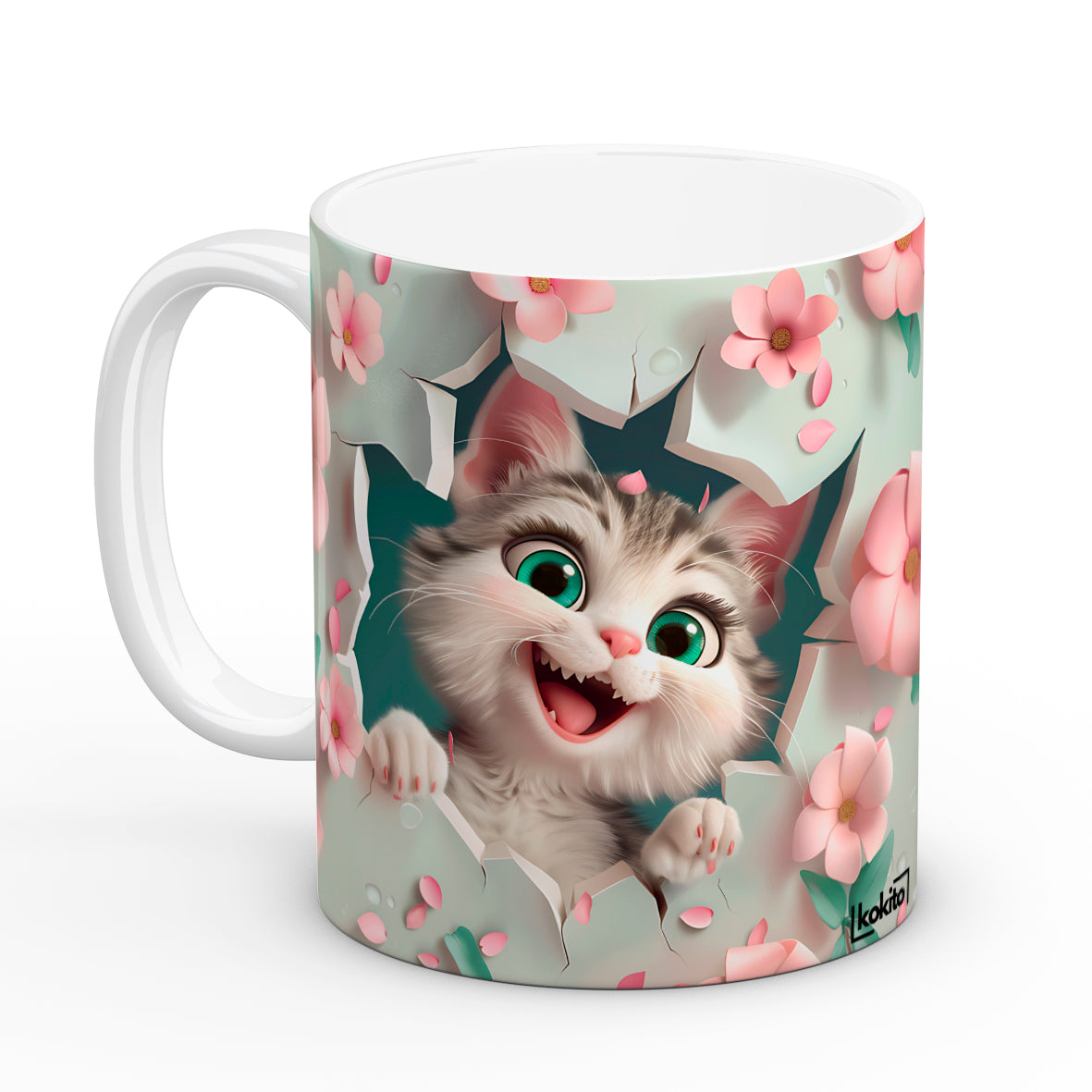 Taza gato y flores verde